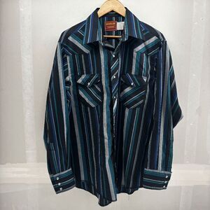 Vintage Rustler Shirt Mens L Striped Western Pearl Snap X-Long Tails 90s